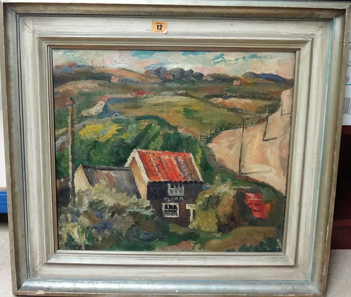 British School (20th century), Cottage in a landscape, oil on canvas, 43cm x 49cm.; and another similar with a building 'Flora Teas'.(2)  M1