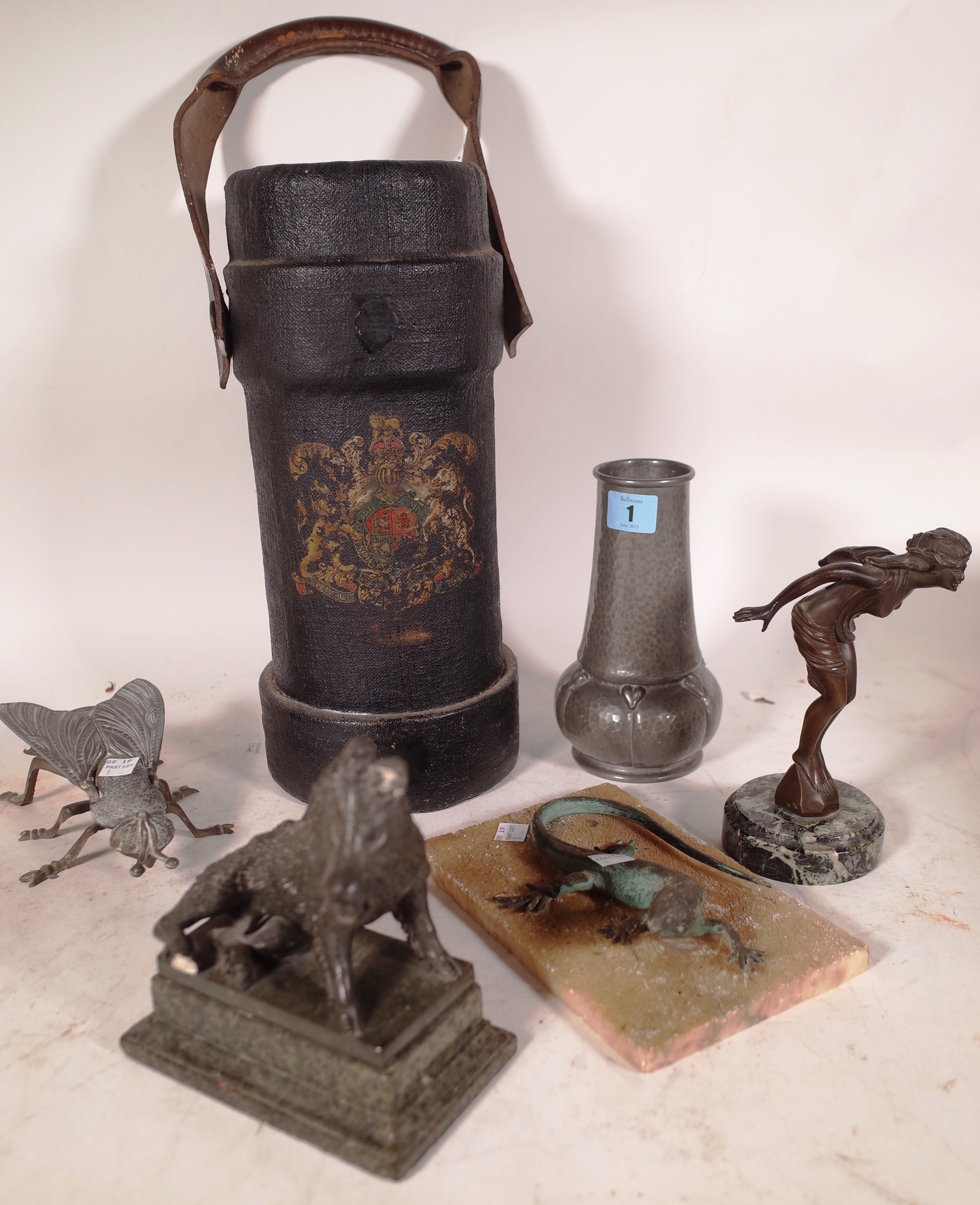 Collectables including; a 20th century Liberty tudric pewter vase, a bronze figure of a lady, ash tray framed as a winged insect, a bronze model of a