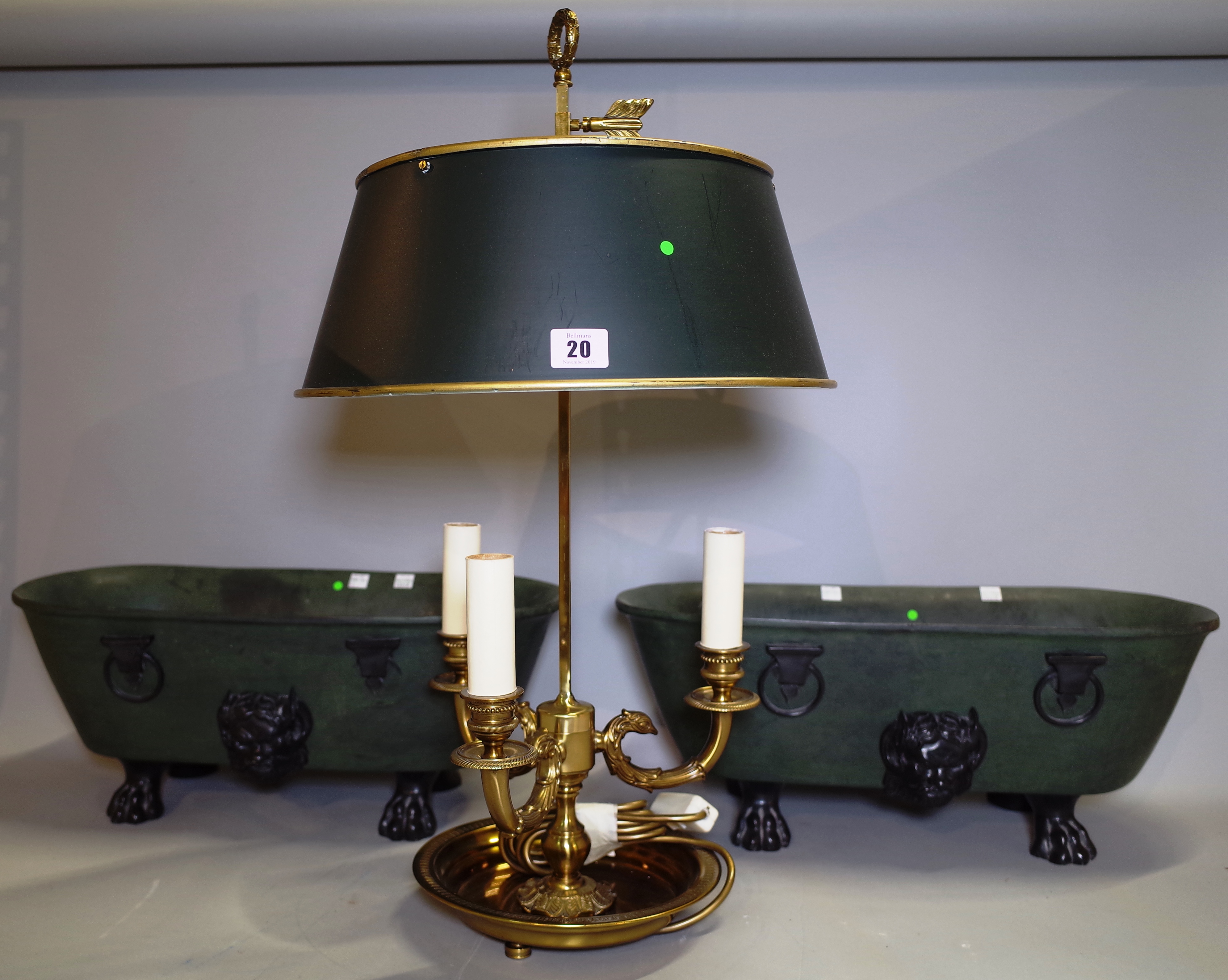 A Georgian style Bouillette style brass table lamp with adjustable green painted circular tin shade, 62cm high and a pair of Empire style composite pl