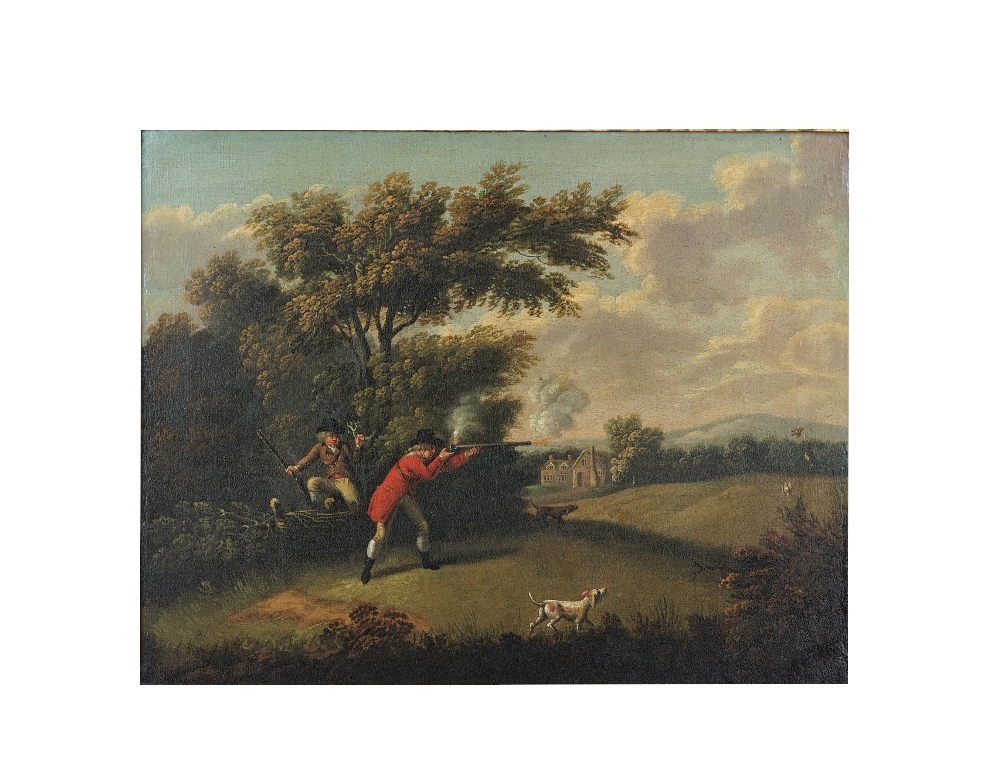Circle of Samuel Howitt, Partridge shooting, oil on canvas, 35cm x 45cm.Provenance: From the collection of HRH The Prince Henry, Duke of Gloucester