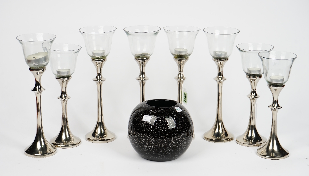 A set of eight John Lewis tea light holders, a contemporary black glass vase, speckled with silver and a contemporary circular wooden bowl, dated '201