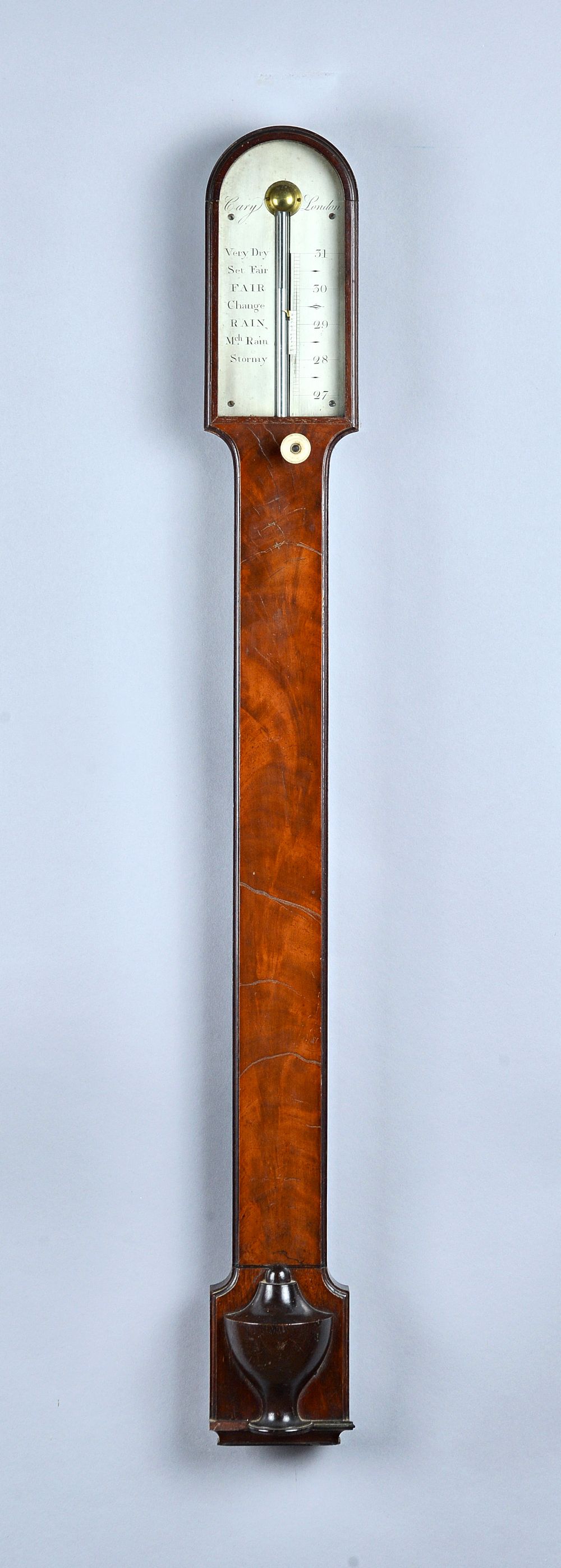 A George III mahogany stick barometer  By Cary, London  With arched silvered scale  96cm high