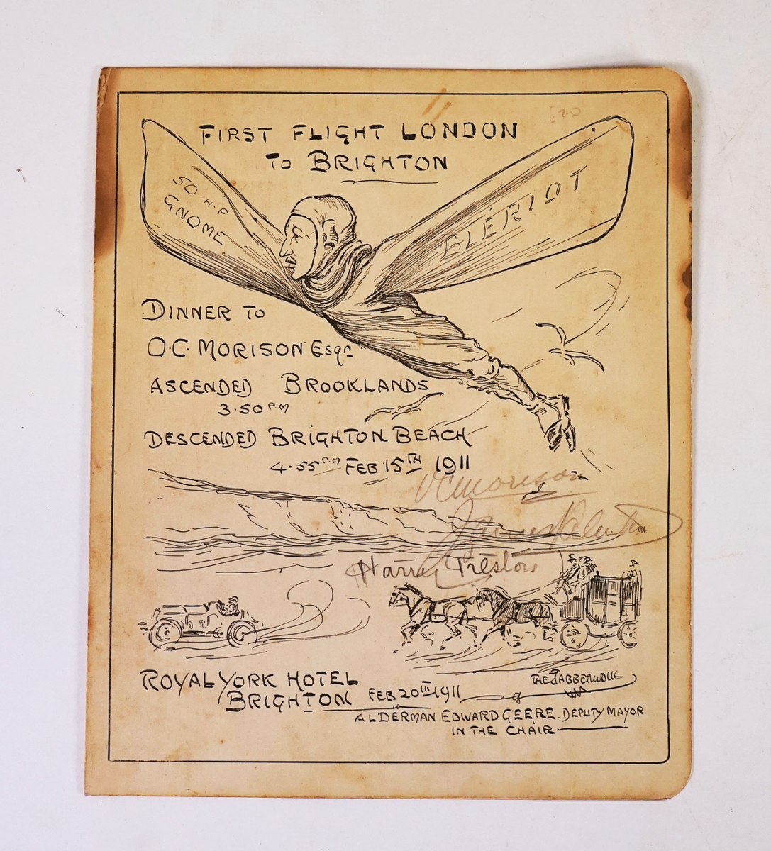 AVIATION - Menu commemorating the first flight from London to Brighton.
