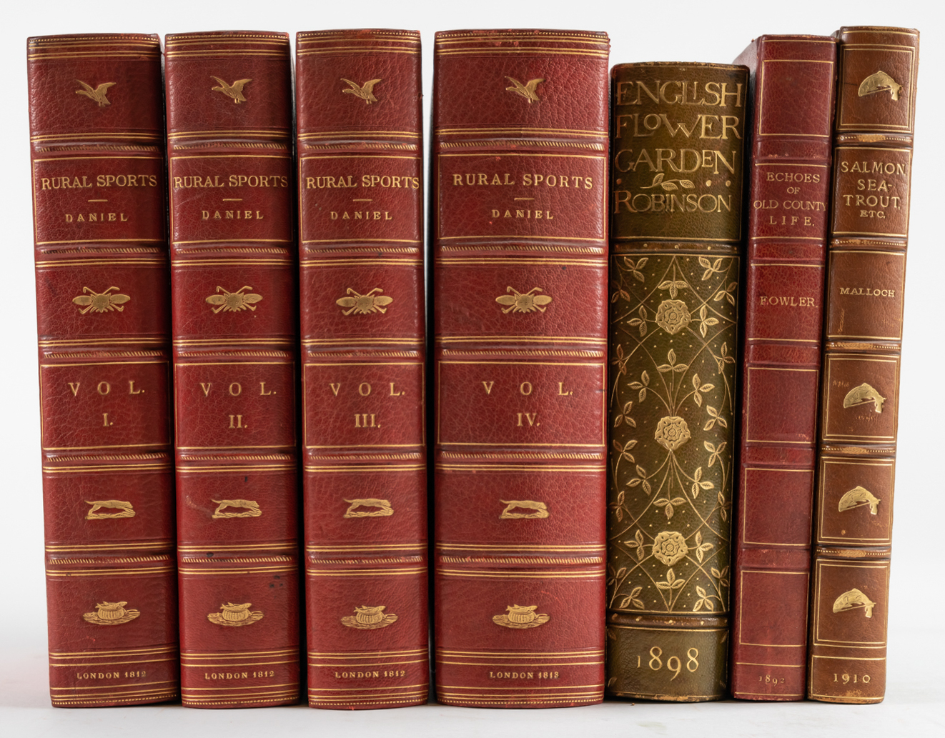 DANIEL, William Barker (1754-1833). Rural Sports, London, 1812-13, 4 volumes, large 8vo, plates, attractively bound in later red half morocco gilt. With 3 other books of related interest, attractively-bound. (7)