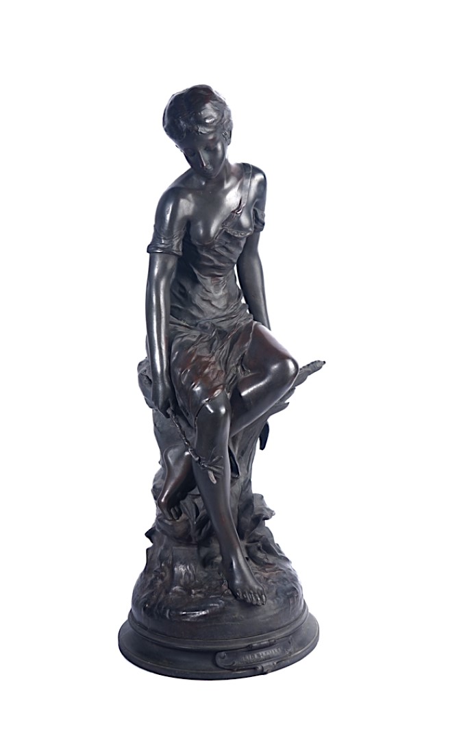 AFTER EDOUARD DROUOT (FRENCH, 1869-1945); ‘LIBELLULE’, A BRONZE PATINATED FEMALE SEATED FIGURE