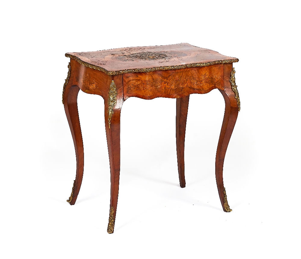 A LOUIS XV STYLE GILT-METAL MARQUETRY INLAID WALNUT SINGLE DRAWER OCCASIONAL TABLE
