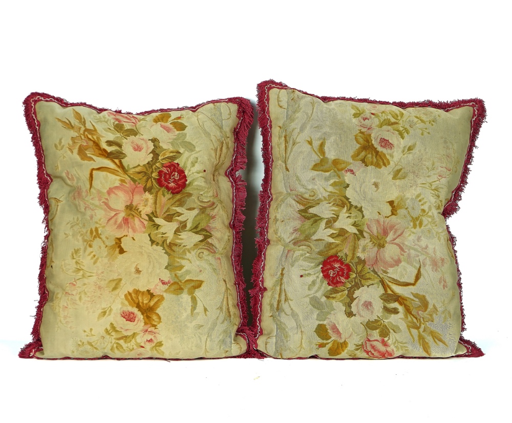 A PAIR OF FRENCH AUBUSSON COVERED  CUSHIONS