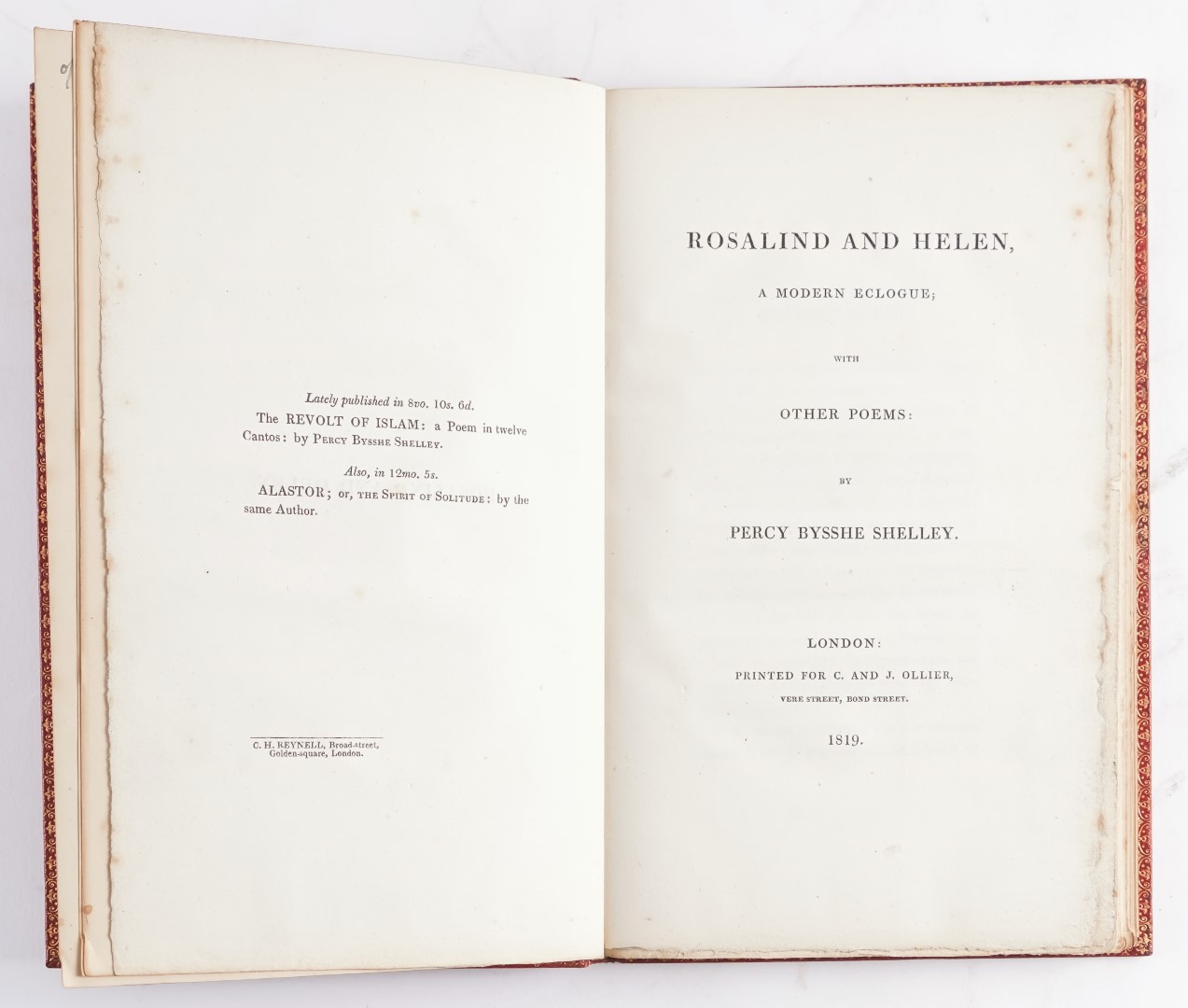 SHELLEY, Percy Bysshe (1792-1822).  Rosalind and Helen, a Modern Eclogue; with Other Poems, London, 1819, large 8vo, FINELY BOUND in late 19th-century full red crushed morocco gilt. FIRST EDITION.