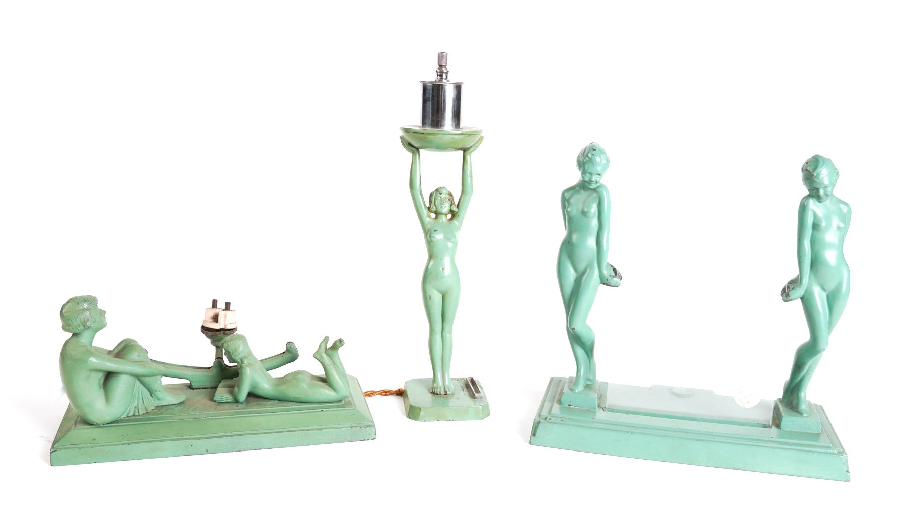 AN ART DECO GREEN ENAMEL METAL FIGURAL TABLE FRAME, STAND AND LAMP (3)