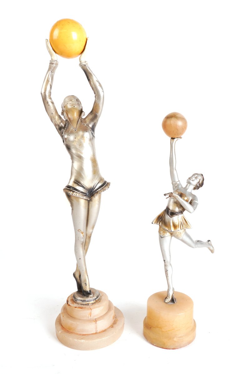 IN THE MANNER OF LORENZL: TWO ART DECO SILVERED METAL FIGURES OF DANCERS (2)