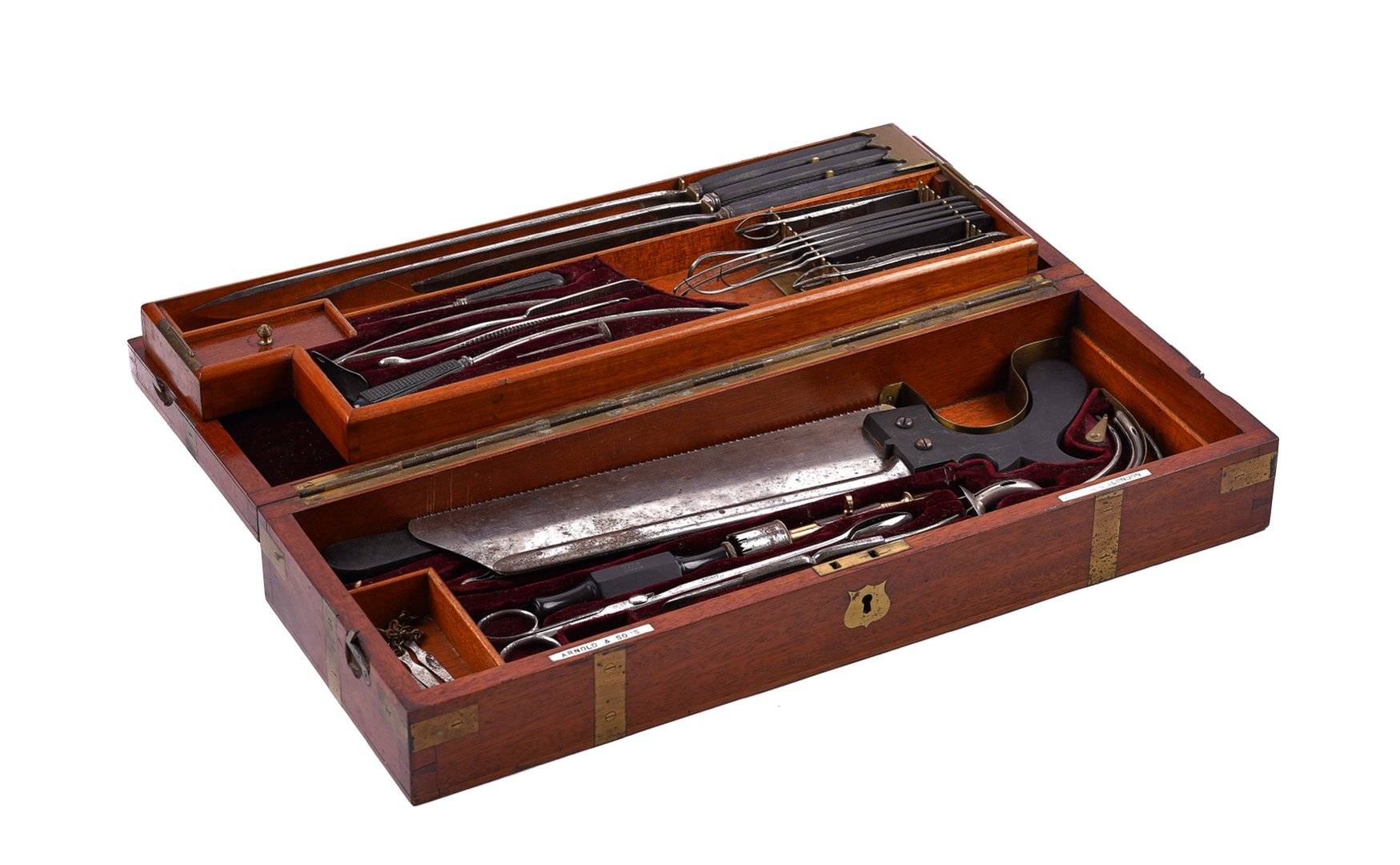 ARNOLD & SONS; A BRASS BOUND MAHOGANY CASED FIELD SURGEON’S KIT