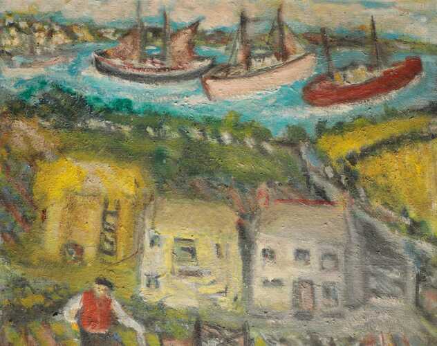 * MARY JEWELS (1886-1977) Figure before cottages with three large fishing…