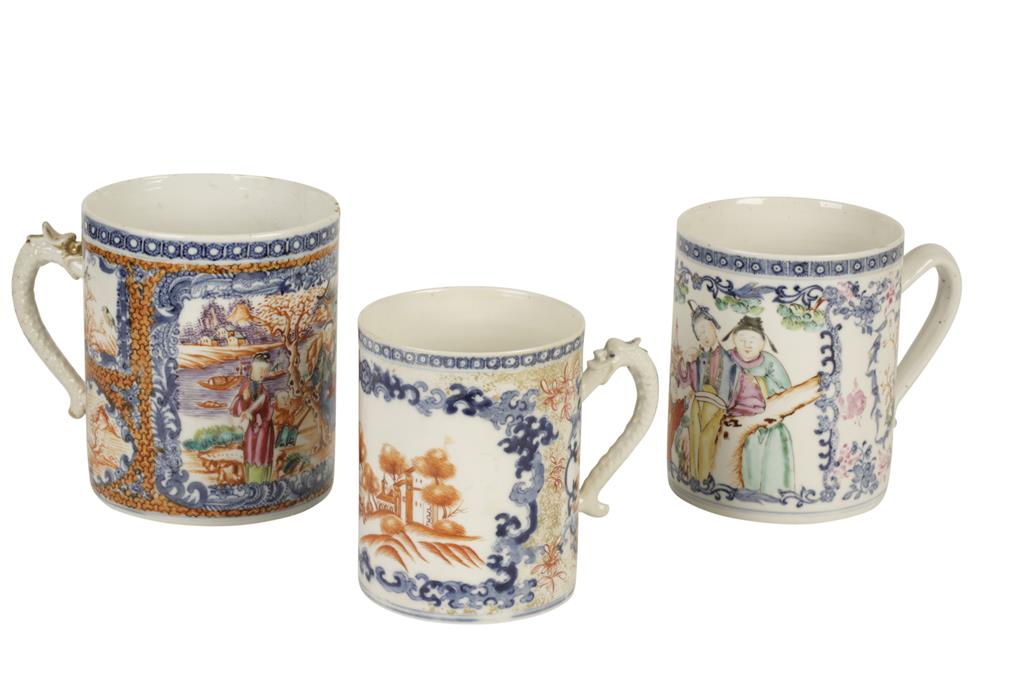 THREE CHINESE EXPORT PORCELAIN TANKARDS, QING DYNASTY, 18TH CENTURY