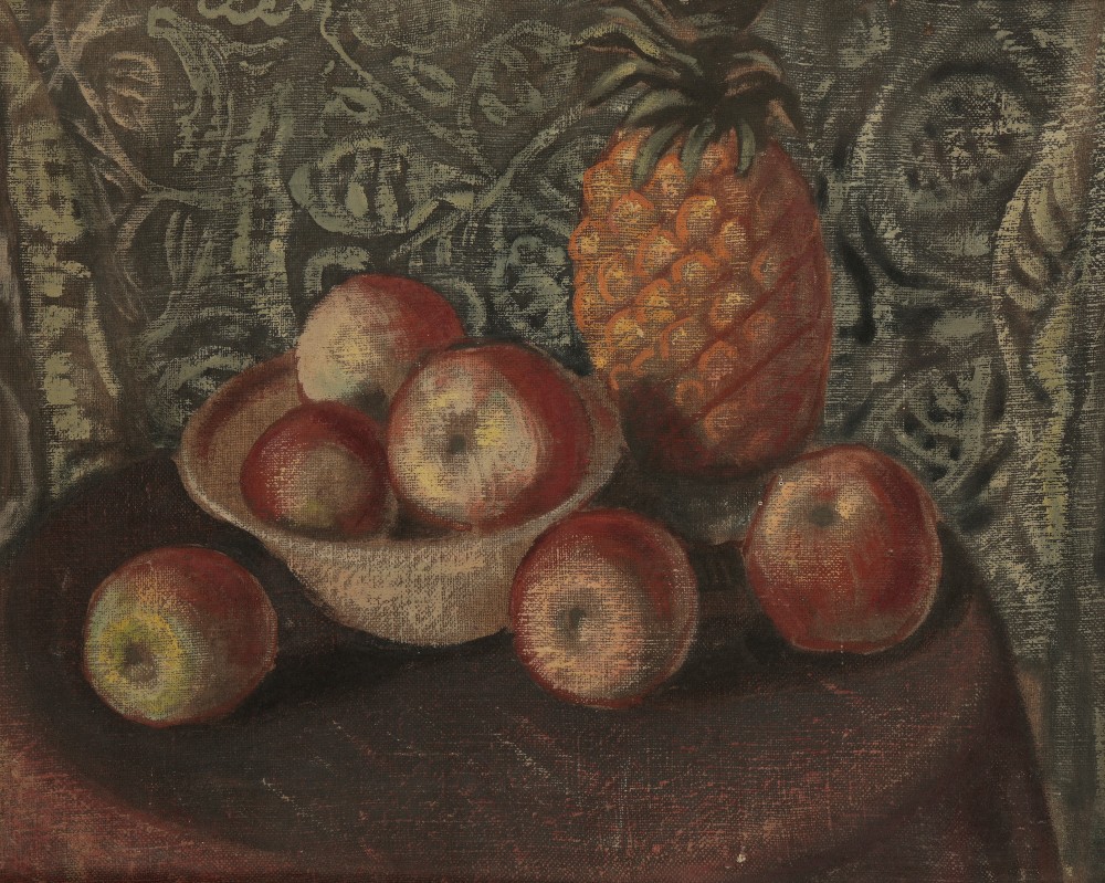 *VLADIMIR POLUNIN (1880-1957) Still life study of apples and a pineapple on a tabletop