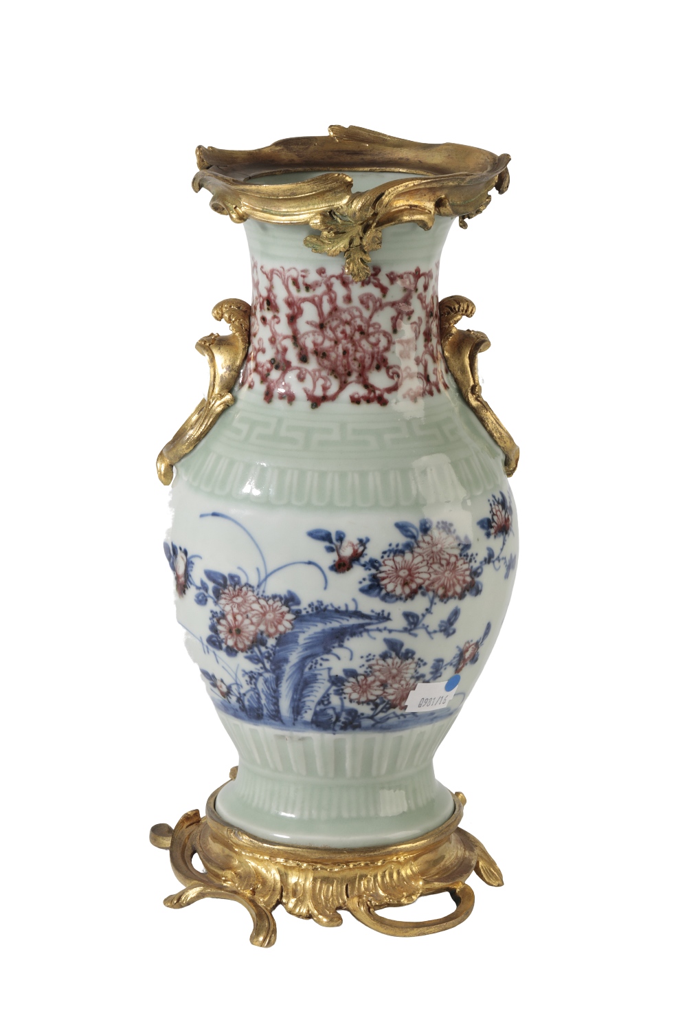 GOOD CELADON AND UNDER GLAZE-BLUE AND IRON-RED BALUSTER VASE, QIANLONG SEAL MARK AND PERIOD