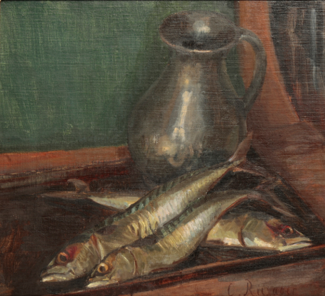 CHRISTOPHER RIISAGER (B. 1961) Still life study of mackerel and a jug