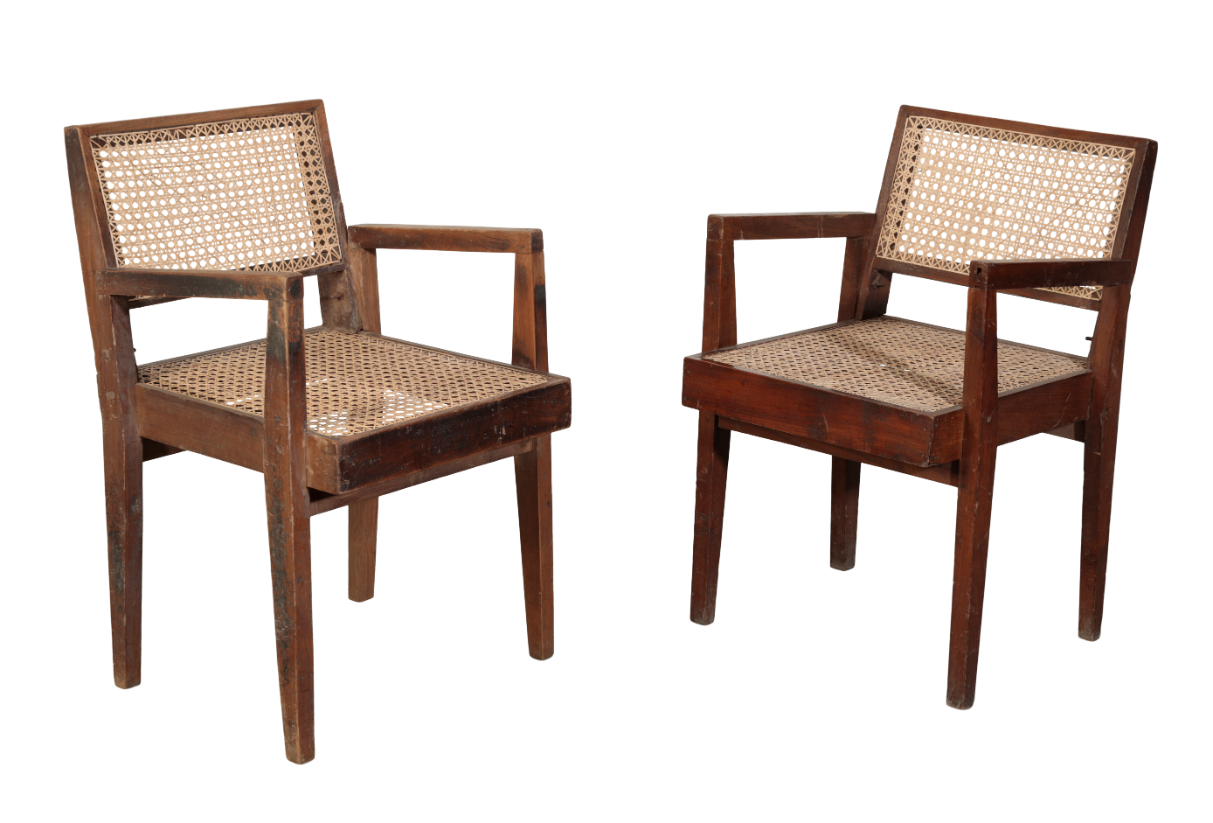 PIERRE JEANNERET (1896-1967) FOR CHANDIGARH: A PAIR OF DEMOUNTABLE OR 'TAKE DOWN' TEAK ARMCHAIRS PJ-51-20-A