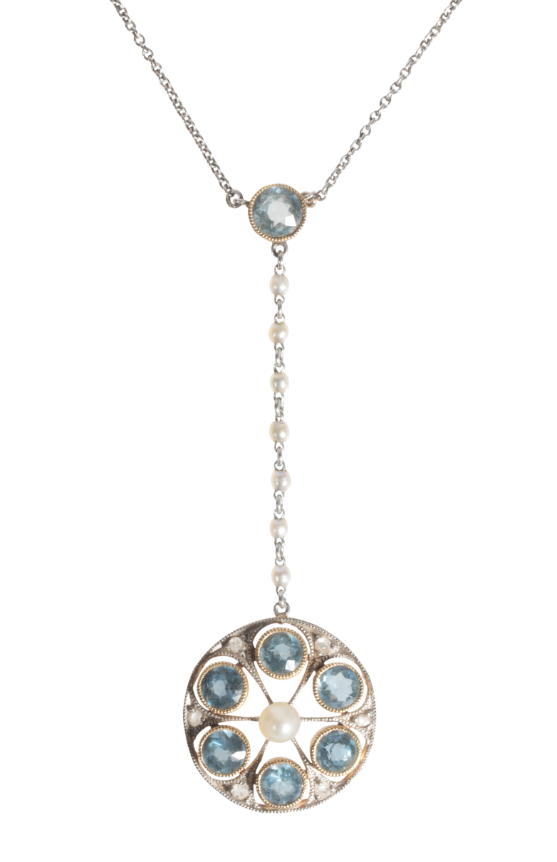 AN EDWARDIAN AQUAMARINE AND SEED PEARL PENDANT NECKLACE