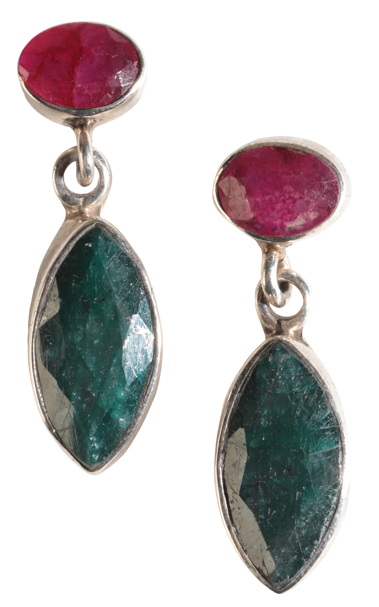 A PAIR OF INDIAN SILVER, EMERALD AND RUBY PENDANT EARRINGS