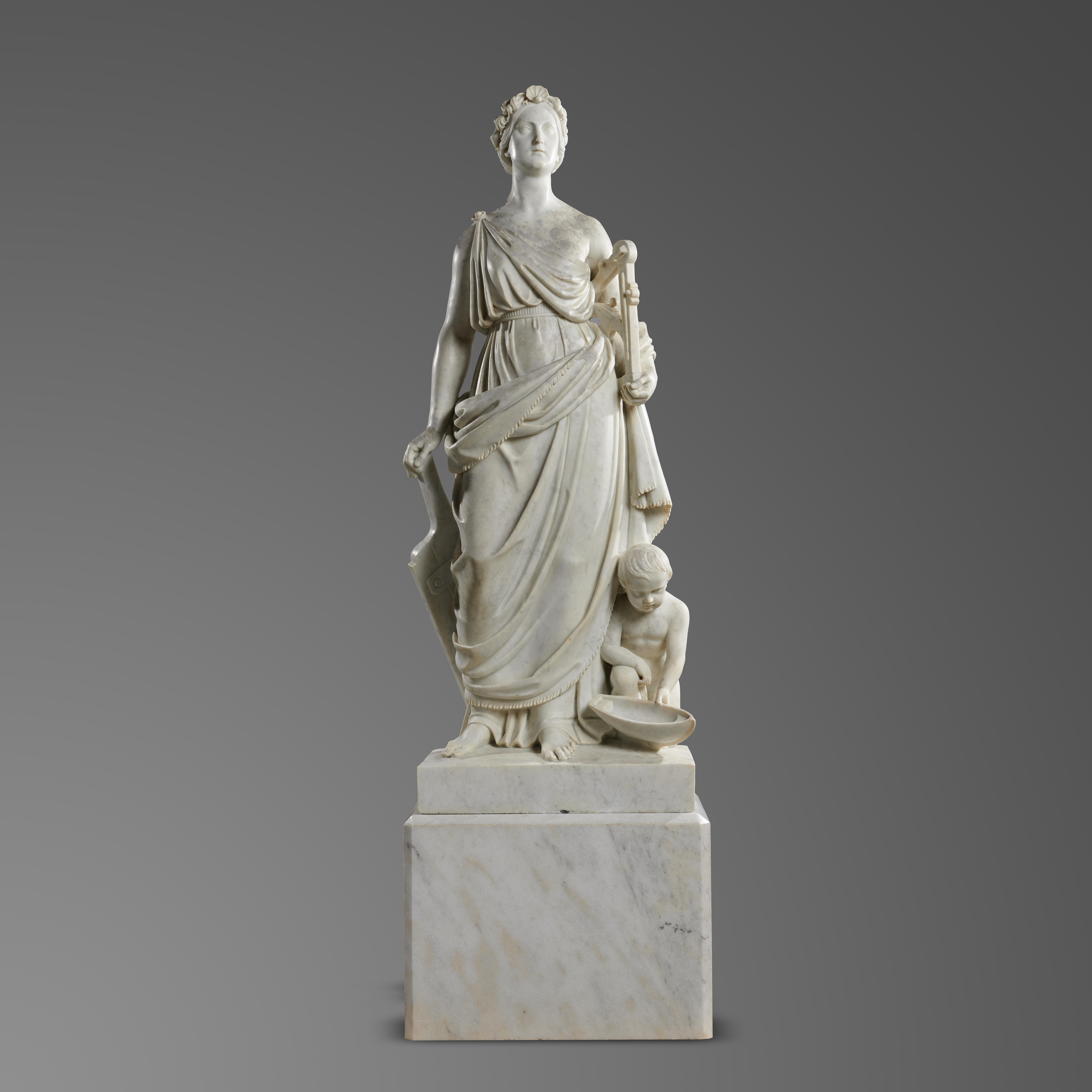 Adolfo Cipriani: A carved white marble figure representing Navigation late 19th century signed A Cipriani  on later marble plinth 198cm high overall ...