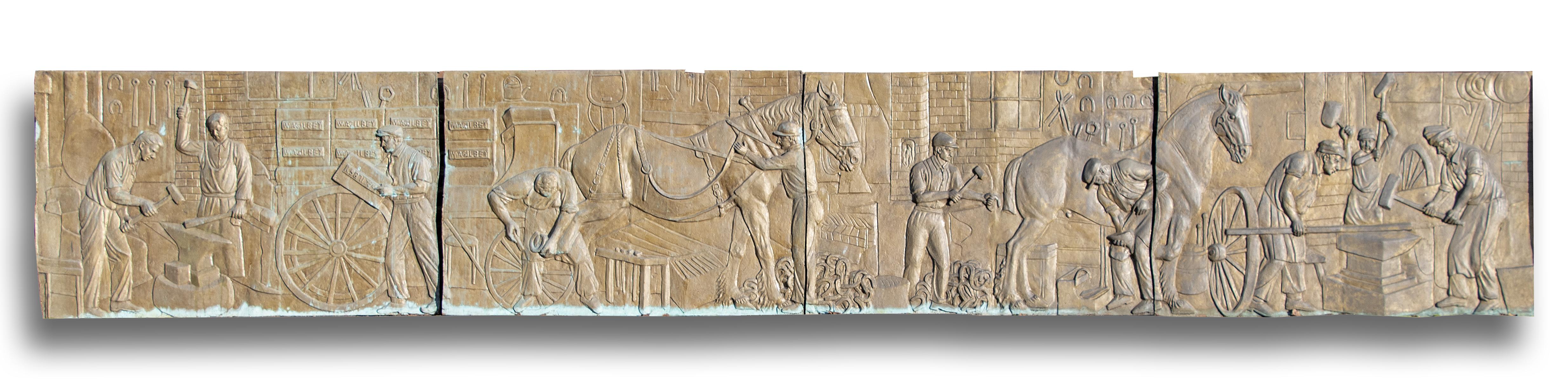 A similar bronze frieze comprising 4 panels 109cm high by 670cm long by 8cm deep