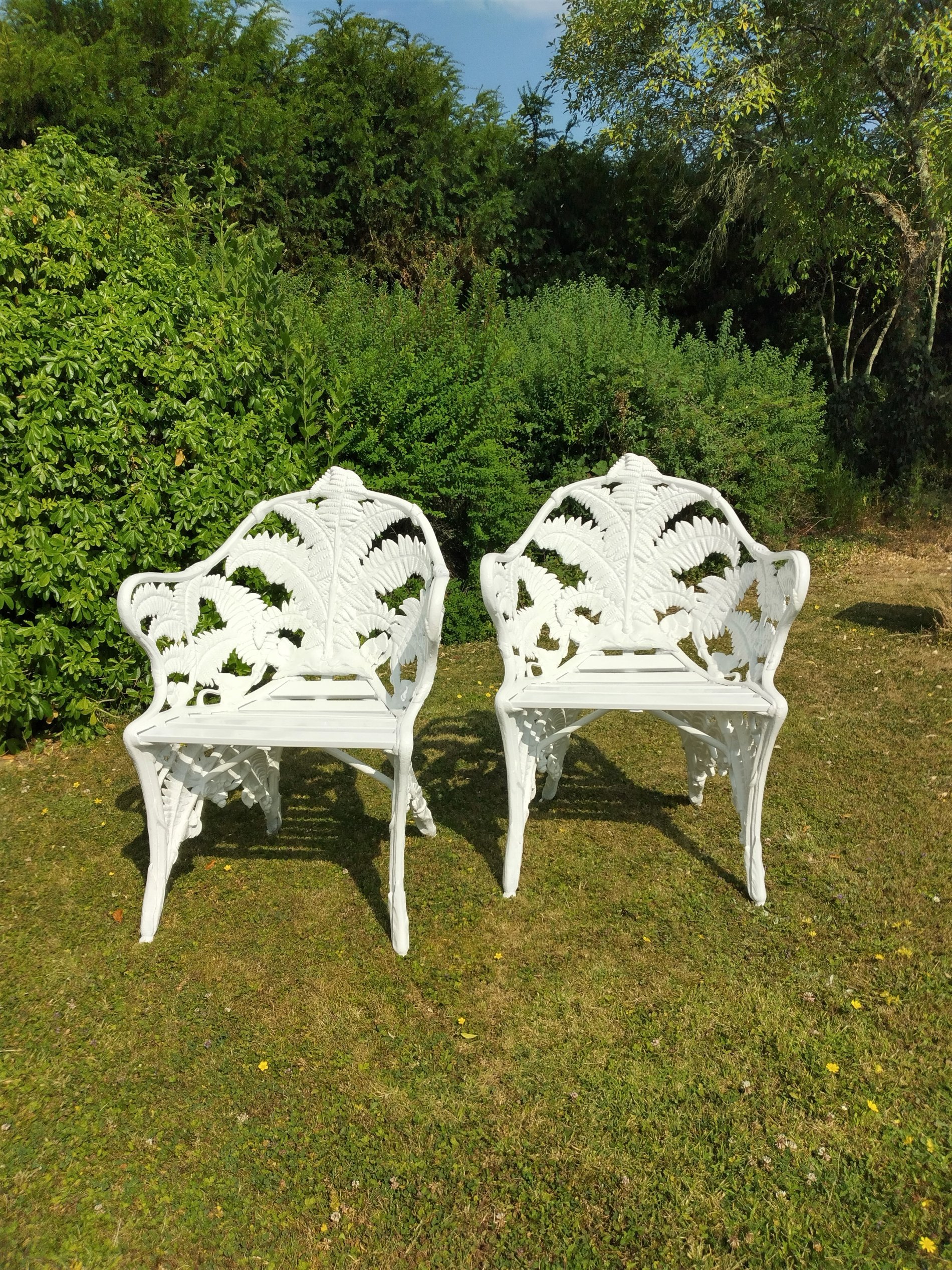A pair of Coalbrookdale cast iron Fern and Blackberry chairs