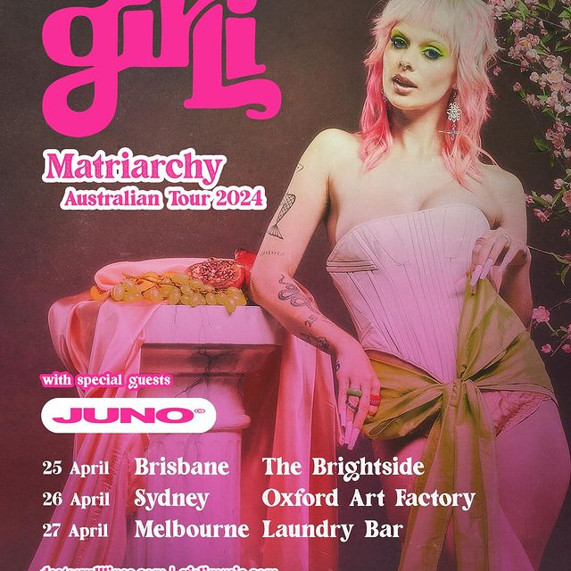 *PERTH SHOW NOW ADDED*  Pinkies of Oz, i’m coming for you! the Matriarchy Tour is coming to Australia this April! 🇦🇺🦘 Brisbane, Sydney and Melbourne i can’t wait to see you 👑💖 set your alarms for Monday, 4th March, tickets will be on sale at 10AM local time at daltours.cc/girli 🌏