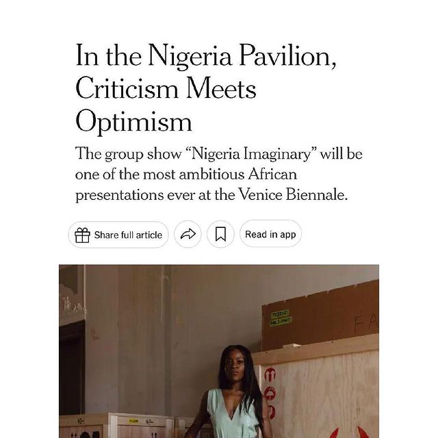 NEW YORK TIMES!! 💚🤍💚

Waking up bleary eyed to this was a shock. This comes at the final push of an intense installation period for easily one of the most ambitious and important exhibitions I have and will ever curate. It is important because it has the significant potential to mean more than the sum of its parts. At the heart, it urges us to imagine and dream in new ways and with a new nation and under the surface at times tells a narrative of many different interactions with nationhood and how these perspectives shape how we envision a new nation. The exhibition is a manifesto. It is a proposal.

During this installation process I have felt immense gratitude to the artists. All of whom have pushed their practices and evoked Nigeria Imaginary in such powerful ways. Never in my wildest dreams would I have imagined working so closely with artists I admire so much. You have taught me so much about the power of art and the imaginary and about myself. (@tunjiaj @shonibarestudio @memoriesofabiglife @dikendidi @devilintraining_ @oghobaseabraham Toyin & Fatimah)

Not long now! Everything is shaping up and I can't wait to reveal to you all next week!

So many thanks to @siddharthamitter for so beautifully capturing the essence of the exhibition and teasing these incredible works! Highlighting the journey from Nigeria to Venice (and back!). The piece is an invitation into the state of things and a liberated future. 

And to an amazing team 💪🏾 @mowaaofficial @dhoffice 

Ty @nytimes !! Off we goooooo 🚀 🇳🇬 

📸 @demayda 
👗 @newbottega (Grazie Alexandre!!!!)