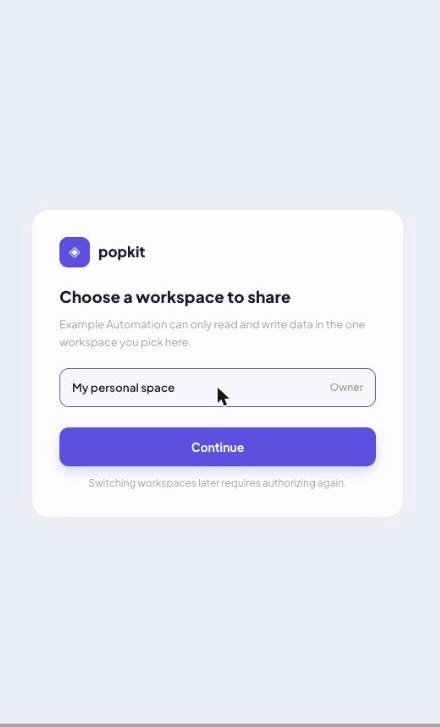 popkit authorization walkthrough: choose a workspace, review the permissions, approve and connect