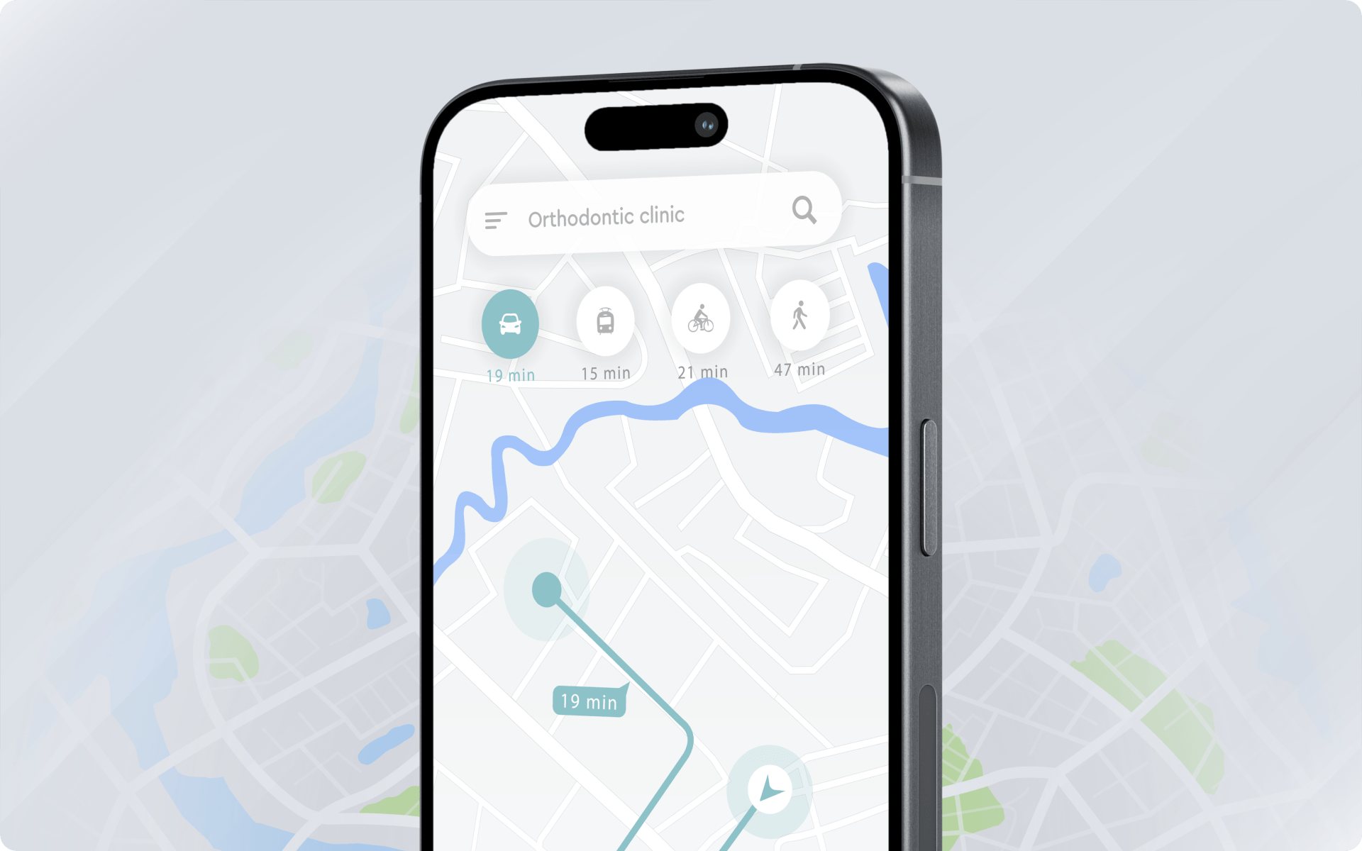 Smartphone map showing a route to an orthodontic clinic (local SEO concept)
