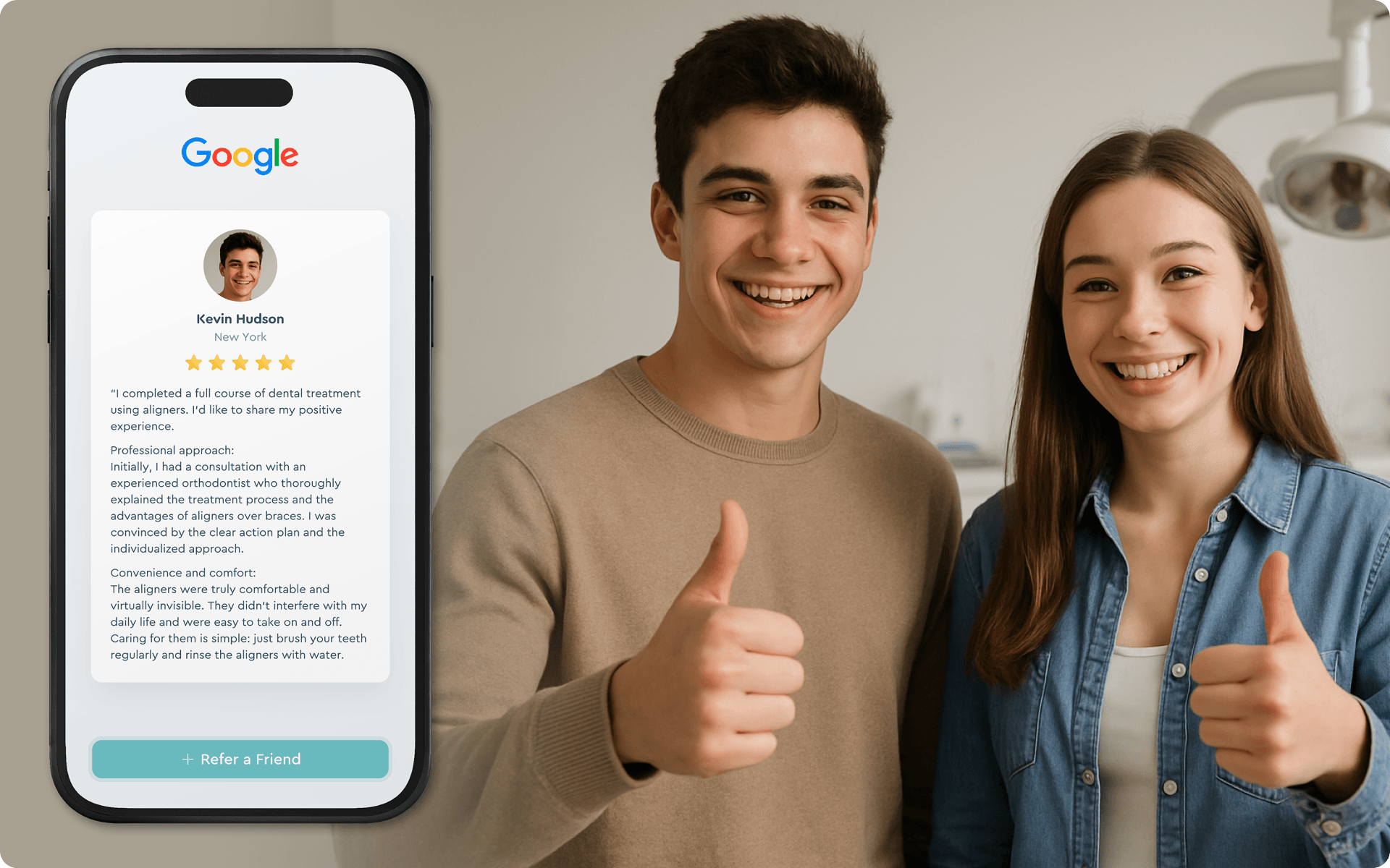 Happy patients giving thumbs up next to a Google five-star review on a smartphone.