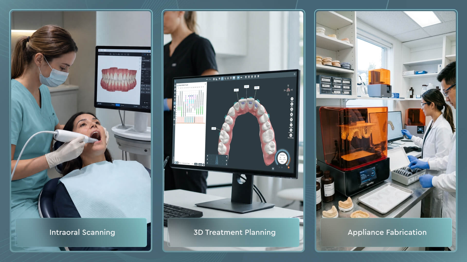 Digital technology in orthodontic appliance planning showing intraoral scanner and 3D treatment planning software