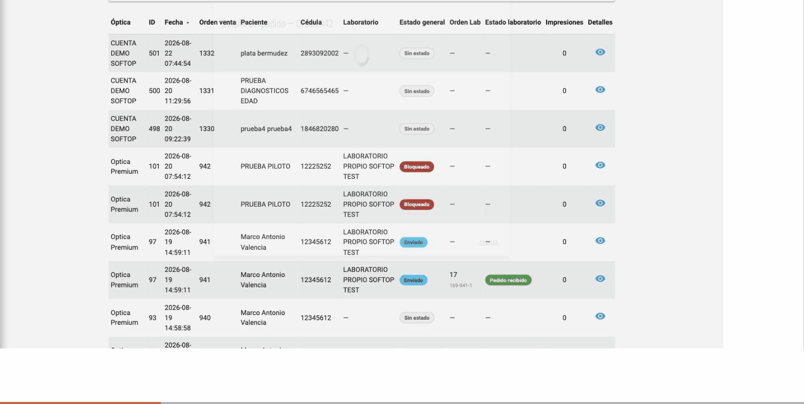 Un clic en el estado Bloqueado muestra los requisitos pendientes y el detalle completo del pedido con su fórmula óptica