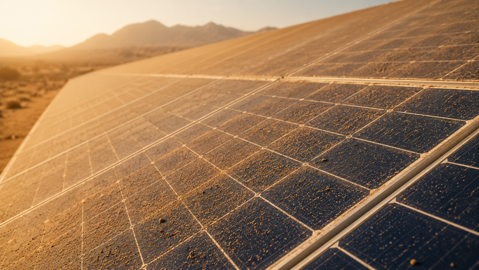 Aerial view of photovoltaic solar panels with dust accumulation