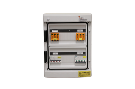 Icierre - Quadri Elettrici - Quadro di campo QDC-04/02-1000V-30A SEZIONATORE - 4 Stringhe IN 2 OUT - 4 Portafusibili con fusibili 32A 1000V - 2 Sezionatori da 1000V - 2 Scaricatori 1000V - Morsettiere Ingr./Uscita
- Box IP 65 24Mod. - Etichette identificazione componenti esterni su binari plastificati