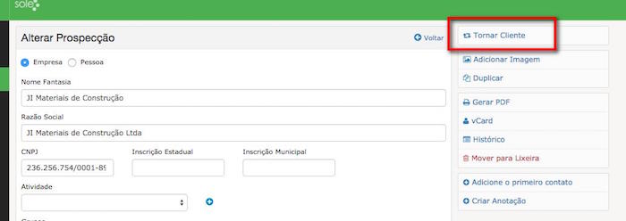 Tornar uma Prospecção em Cliente
