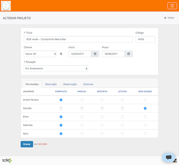 Controle de permissões de projetos e tarefas