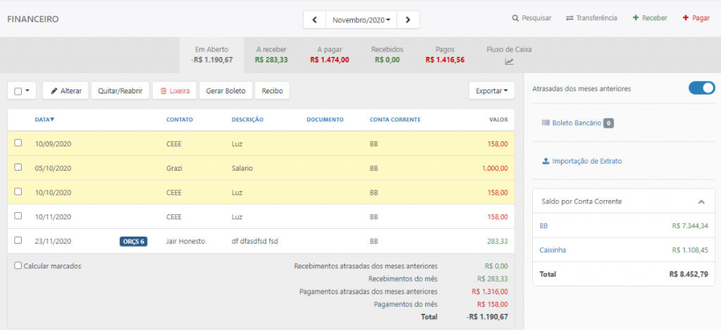 Contas a pagar e receber no software de projetos.
