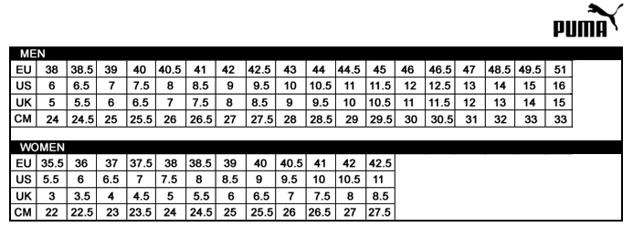 puma size chart india