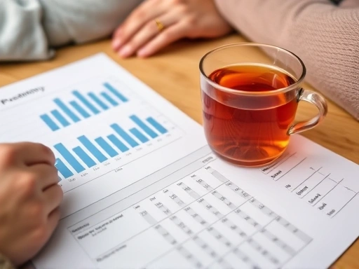 테이블에 놓인 간단한 주식 포트폴리오(Portfolio) 요약 자료와 따뜻한 차 한 잔.