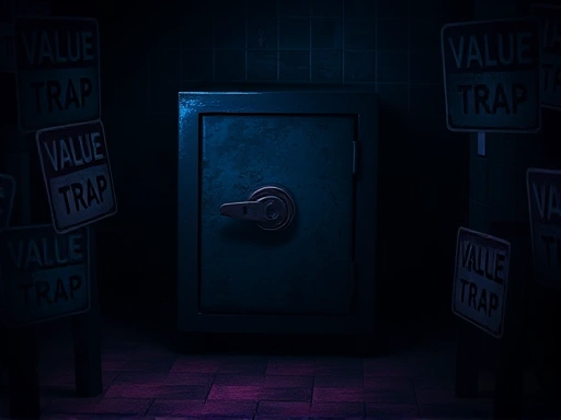 어둠 속 미로에 놓인 오래된 금고와 함정 표지판이 있는 모습