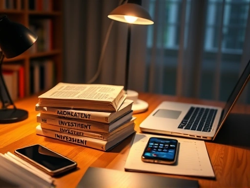 투자 서적과 노트북, 스마트폰이 함께 놓인 책상 위 모습