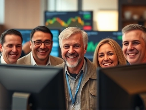 주식 차트가 보이는 모니터와 함께 웃고 있는 다양한 연령대의 투자자들의 모습