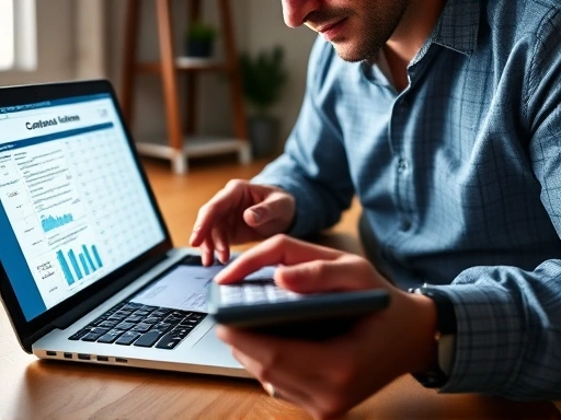 개인투자자가 노트북 앞에서 세금 서류와 계산기를 놓고 양도소득세를 계산하는 모습