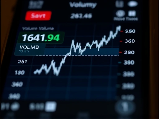 스마트폰 주식 앱에서 거래량 지표가 확대된 클로즈업 이미지