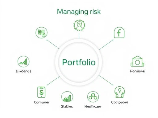 다양한 투자 유형을 상징하는 아이콘(예: 배당, 필수소비재, 헬스케어)들이 모여 있는 포트폴리오 다이어그램.