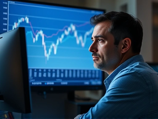 급락하는 주식 시장 차트와 그 옆에 침착하게 모니터를 응시하며 분석하는 투자자의 모습