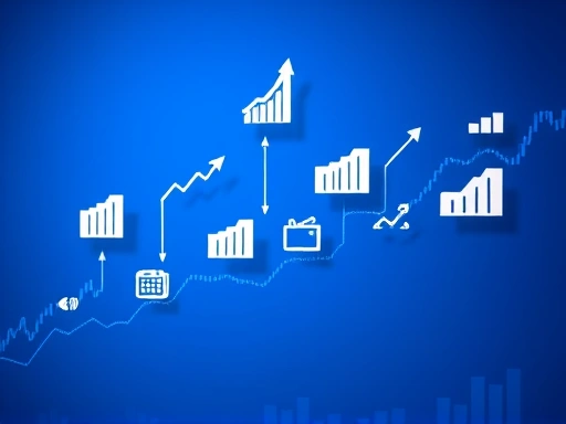 다양한 경제 지표 아이콘이 주식 차트와 겹쳐져 있는 시각적인 이미지