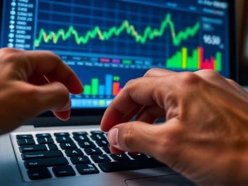 여러 손가락이 노트북 키보드 위에서 경제 차트를 분석하는 모습