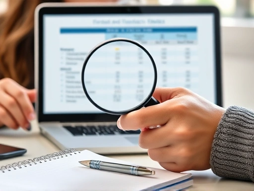 여러 금융 상품의 장단점이 비교된 표가 있는 노트북 화면을 한 여성이 돋보기로 꼼꼼하게 들여다보는 클로즈업.